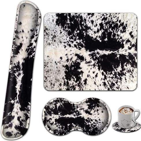 Gaming Mouse Pad with Wrist Rest Support Set, Ergonomic Memory Foam Keyboard Wrist Rest for Computer Home Office, Wireless Mouse Mat Hand Rest Black White Cowhide Fur Office Desk Pad in Kuwait