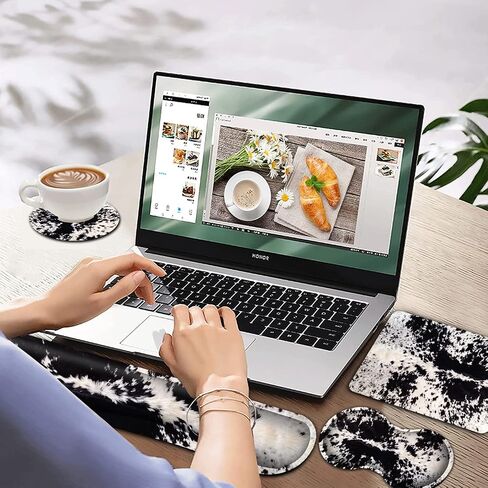 Gaming Mouse Pad with Wrist Rest Support Set, Ergonomic Memory Foam Keyboard Wrist Rest for Computer Home Office, Wireless Mouse Mat Hand Rest Black White Cowhide Fur Office Desk Pad in Kuwait