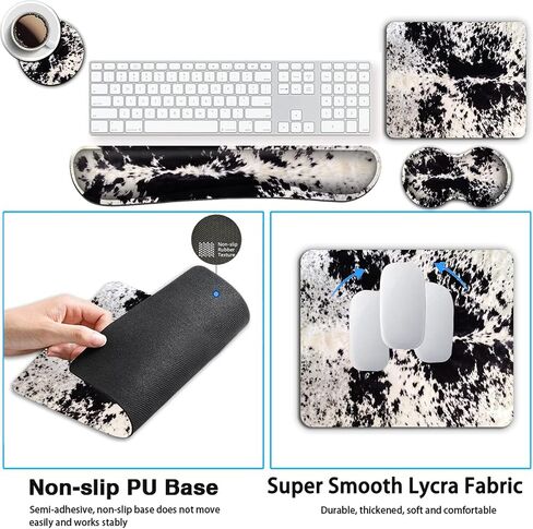 Gaming Mouse Pad with Wrist Rest Support Set, Ergonomic Memory Foam Keyboard Wrist Rest for Computer Home Office, Wireless Mouse Mat Hand Rest Black White Cowhide Fur Office Desk Pad in Kuwait