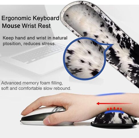 Gaming Mouse Pad with Wrist Rest Support Set, Ergonomic Memory Foam Keyboard Wrist Rest for Computer Home Office, Wireless Mouse Mat Hand Rest Black White Cowhide Fur Office Desk Pad in Kuwait