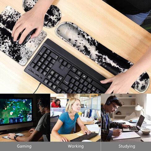 Gaming Mouse Pad with Wrist Rest Support Set, Ergonomic Memory Foam Keyboard Wrist Rest for Computer Home Office, Wireless Mouse Mat Hand Rest Black White Cowhide Fur Office Desk Pad in Kuwait