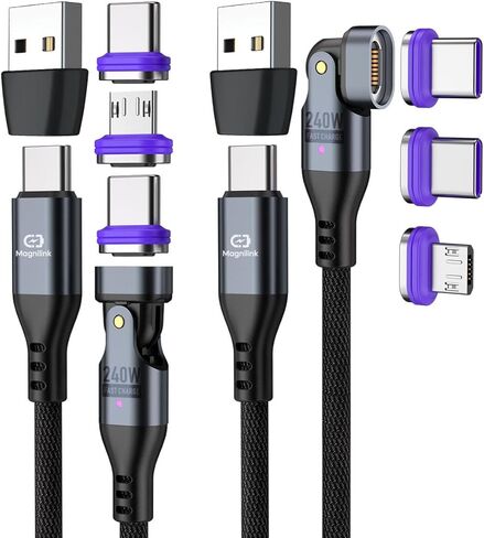 Ultra 240W USB C Magnetic Charging Cable [2-Pack] | 3-in-1 Magnet Phone Charger | iProduct, Micro-USB, USB-A & USB C Magnetic Charging Cable in Kuwait