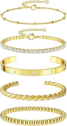 Fansilver أساور الذهب للنساء 14K الذهب الحقيقي الإسورة الكفة سوار مجموعة الذهب مطلي مطرز مشبك الورق الكوبي سلسلة سوار مكعب زركونيا سوار التنس للنساء المكدس in Kuwait