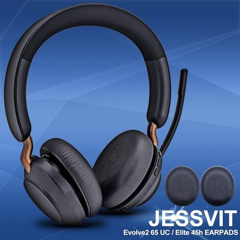 استبدال وسائد الأذن لسماعات الرأس اللاسلكية Elite 45h، Evolve2 65 MS/UC - جلد البروتين/وسادة الأذن/أكواب الأذن من JESSVIT (أسود) in Kuwait