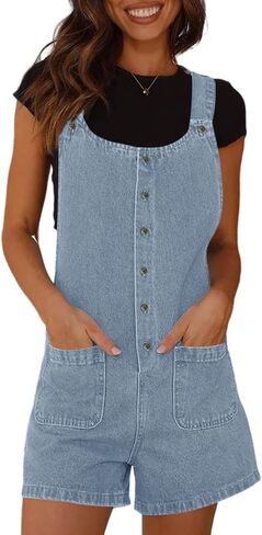PLNOTME Women's Summer Denim Overall Shorts Button Up Front Sleeveless Jean Overalls Romper with Pockets in Saudi Arabia