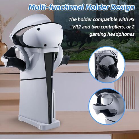 حامل Mcbazel 2 في 1 أفقي وعمودي لوحدة تحكم PS5 Slim فقط، حامل أساسي مع سماعة رأس وخطاف تحكم لجهاز PlayStation 5 Slim فقط - أبيض in Kuwait