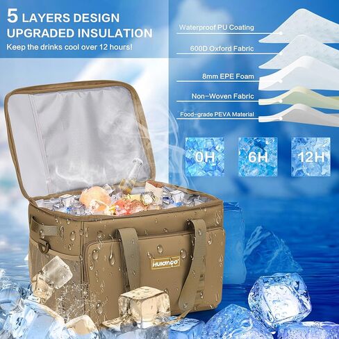 حقيبة تبريد كبيرة قابلة للطي ذات جوانب ناعمة سعة 38 لتر، صندوق ثلج ناعم ومحمول معزول للسفر والتخييم والشاطئ والبقالة باللون الرمادي in Kuwait