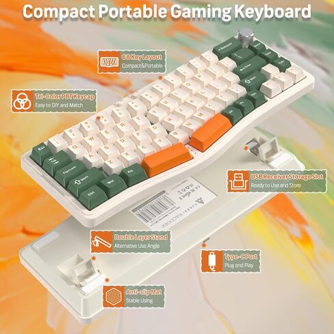 AKS068 65% لوحة مفاتيح ميكانيكية لاسلكية للألعاب مع كابل ملفوف، 68 مفتاحًا بتصميم Alice BT5.0/2.4G/لوحة مفاتيح ميكانيكية سلكية، RGB قابل للتبديل السريع عبر VIA/QMK حامل حشية بمقبض قابل للبرمجة لـ Win/Mac (أخضر) in Kuwait