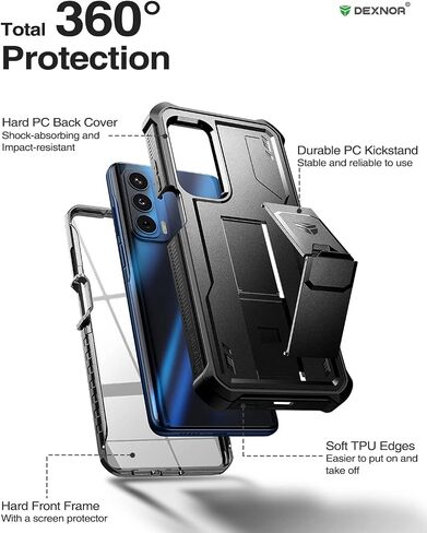 Dexnor for Motorola Moto Edge 2021 Case | Motorola Edge 5G UW Case, [Built in Screen Protector and Kickstand] Heavy Duty Military Grade Protection Shockproof Protective Cover for Men Women(Black) in Kuwait