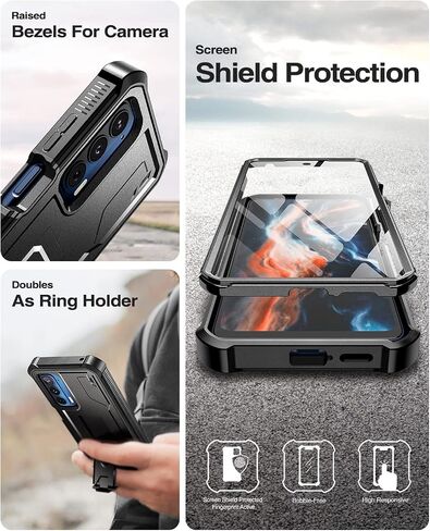 Dexnor for Motorola Moto Edge 2021 Case | Motorola Edge 5G UW Case, [Built in Screen Protector and Kickstand] Heavy Duty Military Grade Protection Shockproof Protective Cover for Men Women(Black) in Kuwait