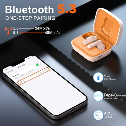 THREE PEACHES Wireless Earbuds Bluetooth 5.4 Headphones, Touch Screen, Active Noise Cancelling, USB Charging Case for iPhone/Android in Saudi Arabia