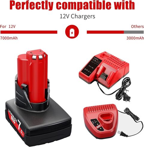 Replacement for Milwaukee M12 Battery 2 Pack 7000mAh 12V Upgraded M12 Milwaukee Battery XC 48-11-2410 48-11-2420 48-11-2411 48-11-2401 48-11-2402 Cordlees Power Tools in Kuwait