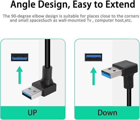 كابل USB من النوع C من GELRHONR 90 درجة، زاوية لأعلى لأسفل 18 وات شحن سريع من USB A إلى USB C (أسود لأسفل -0.25 متر) in Kuwait