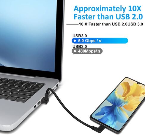 كابل USB من النوع C من GELRHONR 90 درجة، زاوية لأعلى لأسفل 18 وات شحن سريع من USB A إلى USB C (أسود لأسفل -0.25 متر) in Kuwait