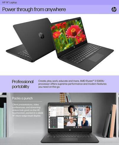 HP 14" Touchscreen Laptop, AMD Ryzen 3 5300U, 16GB RAM, 512GB SSD, Thin & Light Laptop 14 inch Touchscreen for Student & Business, Fast Charge, Windows 11 in S Mode, Black in Saudi Arabia