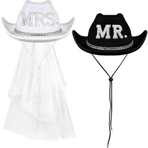 Geyoga 2 Pcs White Bride Cowboy Hat with Veil Black Groom Cowboy Hats Bachelorette Party Supplies for Women Men Wedding Bridal Shower Decorations Gifts