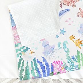 Underwater Ocean Animals Minky Baby Blanket for Girl Boy with Dotted Backing Double Layer Whale Jellyfish Turtle Corals Sea Weeds Soft Swaddle Receiving Blanket for Toddler Nursery Crib Bed 30x40