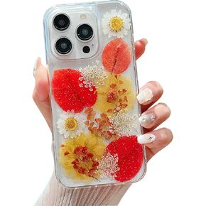 حافظة JANDM Real Flower لهاتف iPhone 16 Pro، حافظة شفافة ناعمة ومرنة من المطاط المضغوط الجاف على شكل زهرة حقيقية للفتيات والنساء حافظة زهور لامعة لهاتف iPhone 16 Pro - زهرة الأقحوان in Kuwait