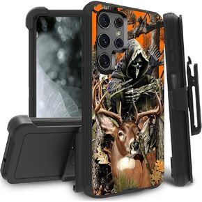 Belt-Clip Holster Case for Samsung Galaxy S23 Ultra 5G, Heavy Duty Triple-Layer Protection Full-Body Shockproof Cover Cases for Galaxy S23 Ultra 5G 6.8 Inch, Camouflage Deer Hunter