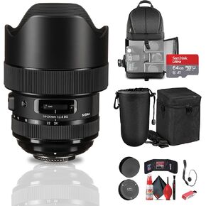 Sigma 14-24mm f/2.8 DG HSM Art Lens for Nikon F (212955) Bundle: 64 GB Memory Card, Card Reader, Backpack, Lens Case, Lens Pouch, Lens Caps, 3-Piece Filter Kit, Full Cleaning Kit, and More
