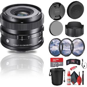 Sigma 24mm f/3.5 DG DN Contemporary Lens for Sony E (404965) Bundle: 64 GB Memory Card, Card Reader, 3-Piece Filter Kit, Lens Pouch, Full Cleaning Kit, Lens Cap Keeper, Magnetic Metal Cap, and More