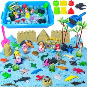 Unicorn Sensory Sand Bin, Sandbox Play Sand Set Sensory Bins for Kids Toddlers Sensory Toys with 2.2lbs Sand, Castle Mould, Mermaid, Tools, Sand Art Kit for Girls Ages 2 3 4 5 6 7 8 Gift