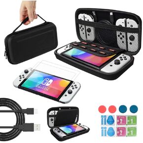 Vaparinckl Carry Case for Nintendo Switch OLED Model, Protective Switch Accessories Kit Bundle with Carry Case, 2 Glass Screen Protector, 1 Silicon Cover Case, 4 Thumbstick Cap & 1 Link Cable