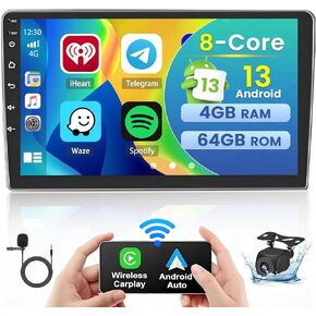4+64GB 8 Core 10.1 Inch Android 13 Car Stereo Double Din Wireless Carplay Android Auto, Fuluku Touch Screen Android Radio, GPS Navigation, WiFi, 32EQ DSP, Bluetooth, 59 UI, SWC, Mic, Backup Cam