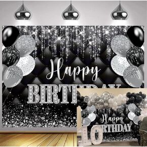 Black Silver Happy Birthday Banner Backdrop 7x5FT Black and Silver Party Decorations Silver Glitter Birthday Background for Women Men Birthday Party Decorations Supplies Photo Props (84x60 inch)