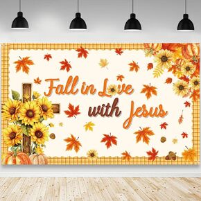 Fall in Love with Jesus Backdrop Fall Christian Photography Background Sunflower Pumpkin Cross Maple Faith Religious Decorations Banner Photo Studio Props 70.8 x 43.3 inch