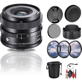 Sigma 24mm f/3.5 DG DN Contemporary Lens for Sony E (404965) Bundle: 3-Piece Filter Kit, Lens Pouch, Full Cleaning Kit, Lens Cap Keeper, Lens Hood, Magnetic Metal Cap, Front and Rear Caps