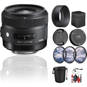 Sigma 30mm f/1.4 DC HSM Art Lens for Nikon F (301-306) Bundle with 3-Piece Filter Kit, Lens Pouch, Full Cleaning Kit, Lens Hood, Lens Case, Front and Rear Caps, Cap Keeper