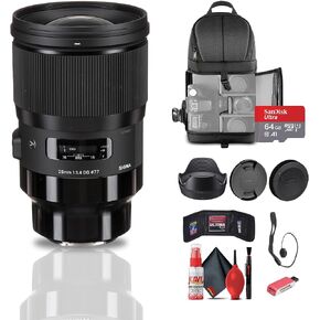 Sigma 28mm f/1.4 DG HSM Art Lens for Sony E (441965) Bundle: 64 GB Memory Card, Card Reader, Backpack, Lens Case, Lens Pouch, Front and Rear Lens Caps, 3-Piece Filter Kit, Full Cleaning Kit, and More