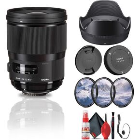 Sigma 28mm f/1.4 DG HSM Art Lens for Nikon F (441955) Bundle: Lens Hood, Front and Rear Lens Caps, 3-Piece Filter Kit, Full Cleaning Kit, Lens Cap Keeper