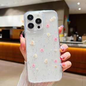 Real Dried Flower for iPhone 15 Pro Max Clear Case, Bling Glitter Cute Red Floral Pattern Slim Soft TPU Protective Women Girl's Phone Cover for iPhone 15 Pro Max 6.7 inch