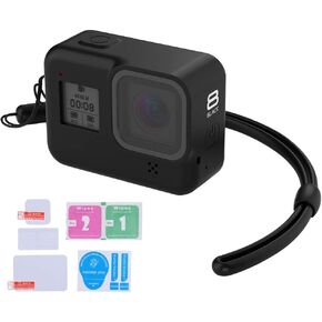 Protective Silicone Sleeve Case + Silicone Lanyard + Glass Screen and Lens Protector for GoPro Hero 8 Black (Black)