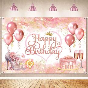 Rose Gold Happy Birthday Backdrop Banner for Women Girls Glitter Pink Gold Happy Birthday Party Decorations Large Happy Birthday Sign Balloon Banner Photography Background 5x3ft