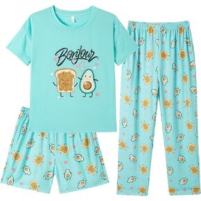 Hupohoi Kids Girls Pajama Sets Summer Short Sleeve With Shorts And Pants 3PCS Sleepwear Cute Cartoon Loungewear 6 to 17 Years
