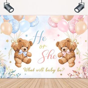 LIGHTINHOME Bear Gender Reveal Backdrop 7Wx5H Feet He or She Pink or Blue Boho Floral Balloons We Can Bearly Wait Baby Shower Mom-to-be Photography Background Decorations Photo Booth Studio Prop