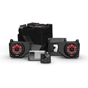 مجموعة الصوت Rockford Fosgate RNGR18-STG3: جهاز استقبال PMX-2، أمبير 800 واط، سلسلة M1 Color Optix متعددة الألوان LED ومكبرات صوت أمامية مضاءة ومضخم صوت لنماذج Polaris Ranger مختارة (2018-2022)