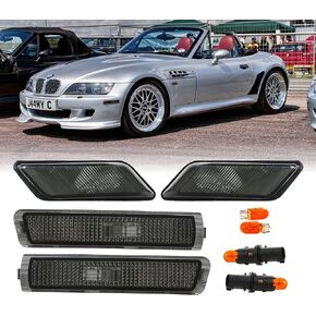 USR Z3 Side Marker Lights - COMBO Euro Clear Lens Front Bumper Sidemarkers + Fender Sidemarker Lamps Set Compatible with 1996-2002 BMW Z3 / M Roadster/M Coupe (4 Pieces w/ 2 Bulbs + Socket Included)