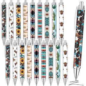 24 Pcs Western Theme Pens Bulk Cow Print Ballpoint Pens Cowboy Pens Western Cowboy Party Favors Black Retractable Gel Pens School Office Supplies for Boys Girls Birthday Graduation Gifts