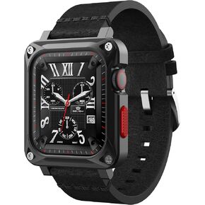 GELISHI Compatible with Apple Watch Case 44mm 45mm Men, Metal Rugged Case Bumper Full Protective Cover with Leather Band Replacement Strap for Watch Series 7 Series 6 SE 5 4