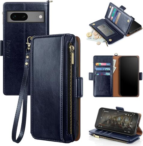 Antsturdy for Google Pixel 7a case Wallet with Card Holder,Google Pixel 7a Phone case RFID Blocking PU Leather Flip Shockproof Cover with Strap Zipper Credit Card Slots for Women Men,Dark Blue in Saudi Arabia