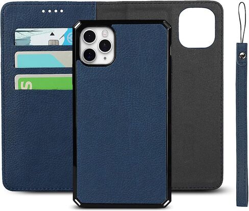 Zouzt Premium Leather case for iPhone 11 pro Wallet Magnetic Flip Cover case with Card Slot TPU Shockproof Kickstand Magnetic Separable case Blue in Saudi Arabia