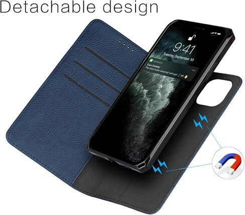 Zouzt Premium Leather case for iPhone 11 pro Wallet Magnetic Flip Cover case with Card Slot TPU Shockproof Kickstand Magnetic Separable case Blue in Saudi Arabia