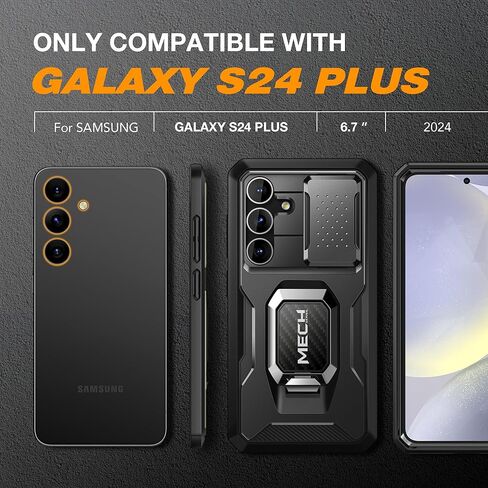 حافظة TONGATE لهاتف Samsung Galaxy S24 Plus، مع واقي شاشة من الزجاج المقوى، حماية كاملة للجسم من الدرجة العسكرية مقاومة للصدمات S24+ Plus مع غطاء كاميرا منزلق ومسند حلقي، أسود in Kuwait