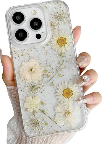 JANDM Real Flower Case for iPhone 16 Pro,Clear Soft Flexible Rubber Pressed Dry Real Flower Girls Women Glitter Floral Case for iPhone 16 Pro -Daisy in Saudi Arabia
