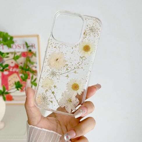 JANDM Real Flower Case for iPhone 16 Pro,Clear Soft Flexible Rubber Pressed Dry Real Flower Girls Women Glitter Floral Case for iPhone 16 Pro -Daisy in Saudi Arabia