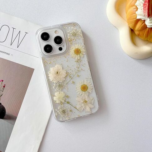 JANDM Real Flower Case for iPhone 16 Pro,Clear Soft Flexible Rubber Pressed Dry Real Flower Girls Women Glitter Floral Case for iPhone 16 Pro -Daisy in Saudi Arabia